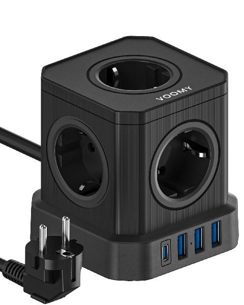 Voomy Power Cube S6 - Stekkerdoos 1 USB-C & 3 USB-A 4000W Zwart // Zwart