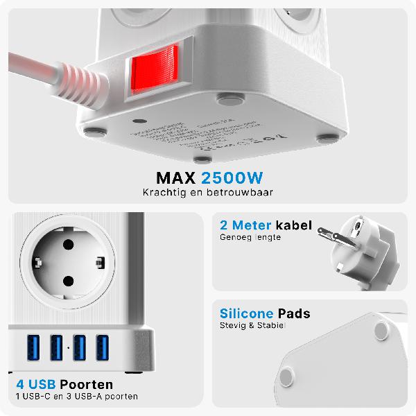 Voomy Power Cube S6 - Stekkerdoos 1 USB-C & 3 USB-A 4000W Wit // Wit