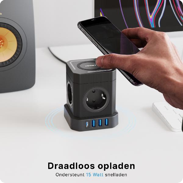 Voomy Power Cube S6-W - Stekkerdoos met draadloos opladen 1 USB-C & 3 USB-A 4000W // Zwart