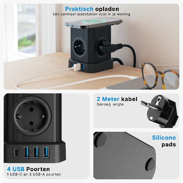 Voomy Power Cube S6-W - Stekkerdoos met draadloos opladen 1 USB-C & 3 USB-A 4000W // Zwart