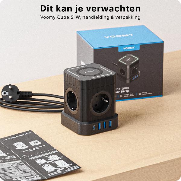 Voomy Power Cube S6-W - Stekkerdoos met draadloos opladen 1 USB-C & 3 USB-A 4000W // Zwart