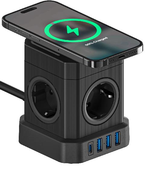 Voomy Power Cube S6-W - Stekkerdoos met draadloos opladen 1 USB-C & 3 USB-A 4000W // Zwart