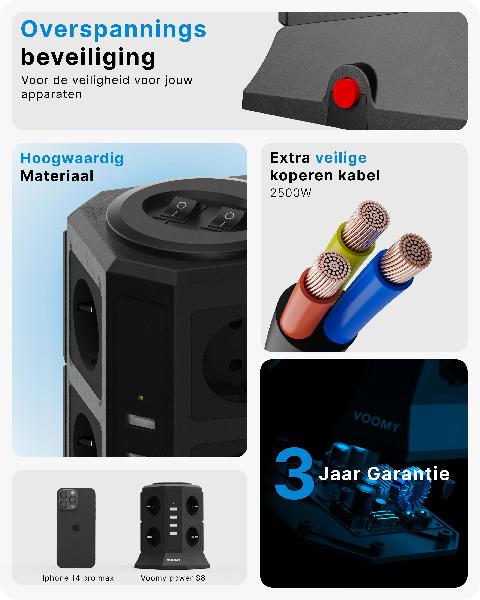 Voomy Power S8 - Toren Stekkerdoos 4 USB-A & 8 EU // Zwart