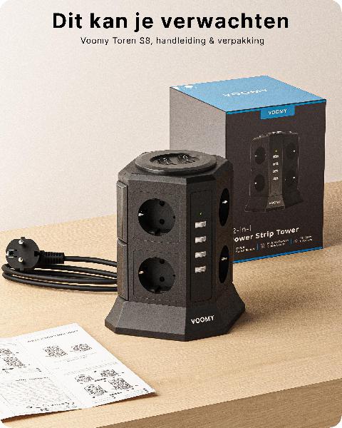 Voomy Power S8 - Toren Stekkerdoos 4 USB-A & 8 EU // Zwart