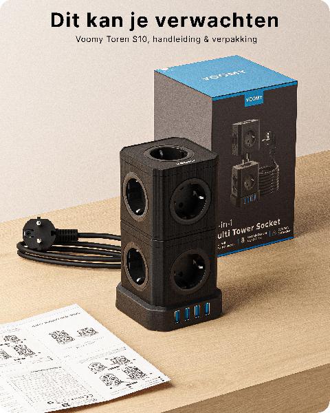 Voomy Power S10 - Cube Toren Stekkerdoos 4 USB A & 5/10 EU // Zwart