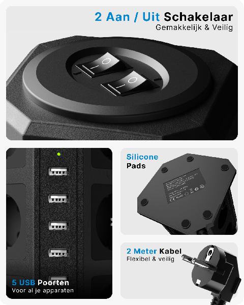 Voomy Power S12 - Toren Stekkerdoos - 5 USB-A & 12 EU - Zwart // Zwart