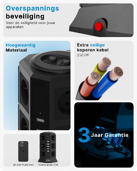 Voomy Power S12 - Toren Stekkerdoos - 5 USB-A & 12 EU - Zwart // Zwart