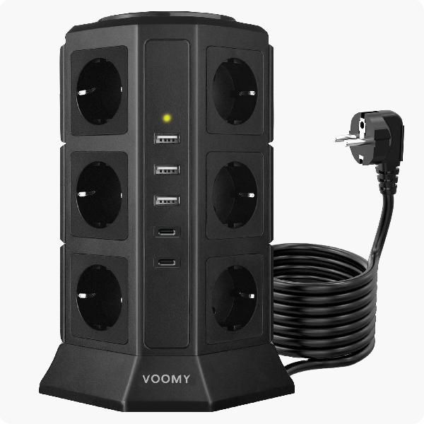 Voomy Power S12C - Toren Stekkerdoos 3 USB-A, 2 USB-C & 12 EU // Zwart