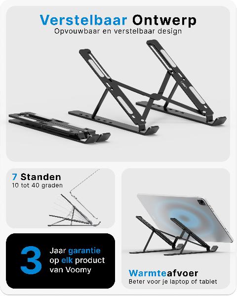 Voomy Office T3 - Laptop Standaard Verstelbaar - Ergonomisch - Aluminium Zwart // Zwart