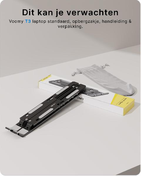 Voomy Office T3 - Laptop Standaard Verstelbaar - Ergonomisch - Aluminium Zwart // Zwart