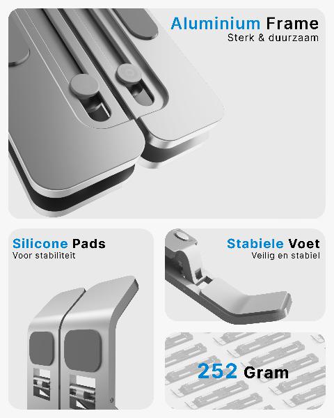 Voomy Office T3 - Laptop Standaard Verstelbaar - Ergonomisch - Aluminium Zilver // Zilver