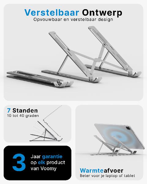 Voomy Office T3 - Laptop Standaard Verstelbaar - Ergonomisch - Aluminium Zilver // Zilver