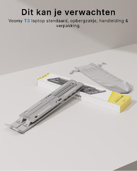 Voomy Office T3 - Laptop Standaard Verstelbaar - Ergonomisch - Aluminium Zilver // Zilver