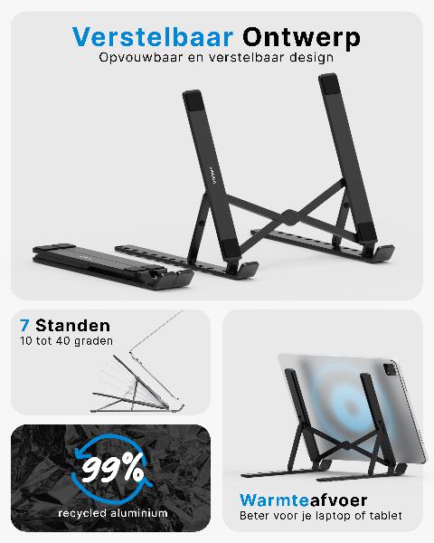 Voomy ECO T5 - Laptop Standaard - Recycled Aluminium - Zwart // Zwart