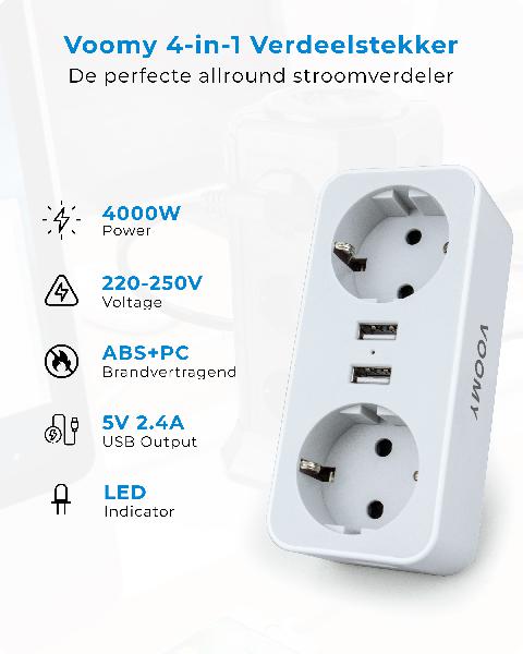 Voomy Split X2 - Verdeelstekker - 2 USB-A & 2 EU - Wit // Wit