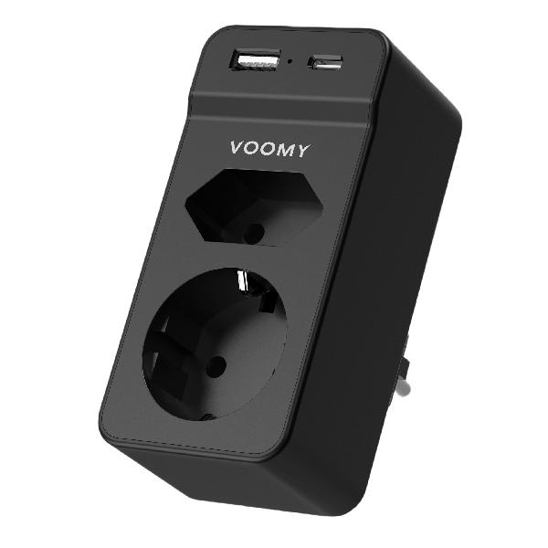 Voomy Split X2S - Verdeelstekker 1 USB-A 1 USB-C & 2 EU - Zwart // Zwart