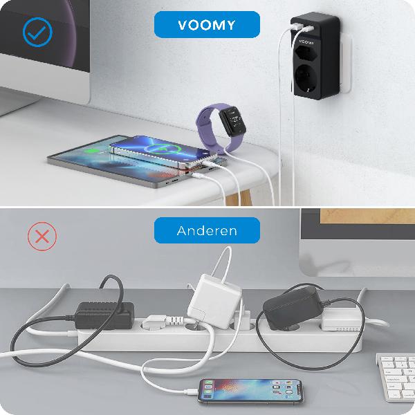 Voomy Split X2S - Verdeelstekker 1 USB-A 1 USB-C & 2 EU - Zwart // Zwart