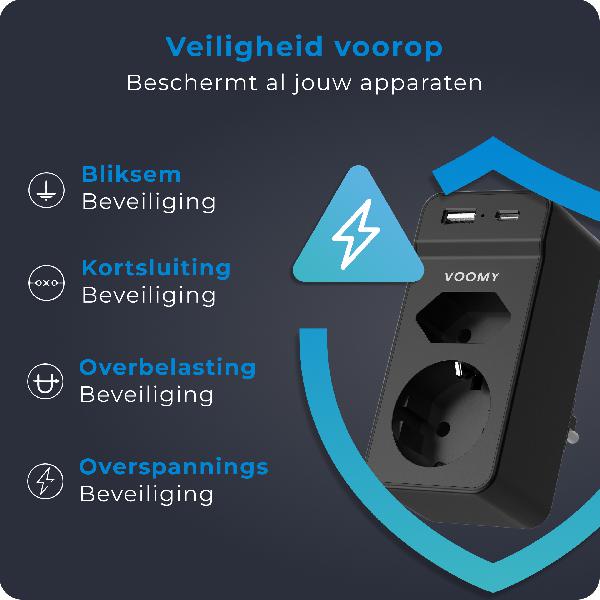 Voomy Split X2S - Verdeelstekker 1 USB-A 1 USB-C & 2 EU - Zwart // Zwart