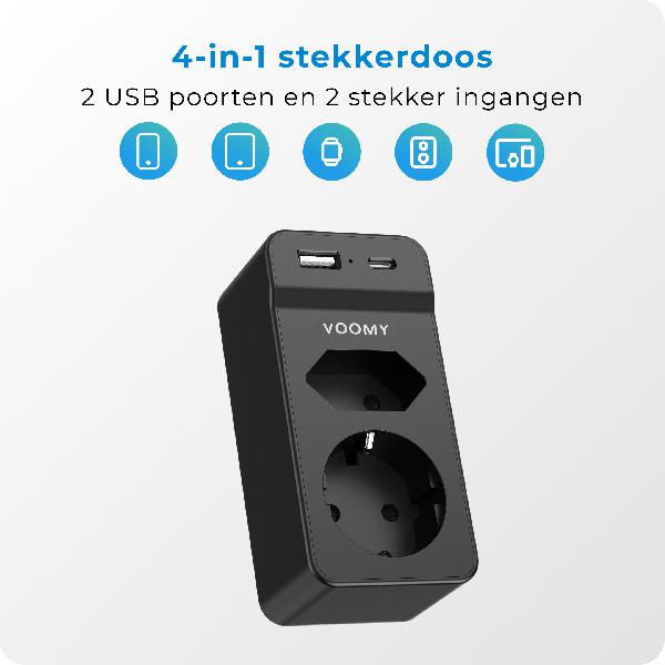 Voomy Split X2S - Verdeelstekker 1 USB-A 1 USB-C & 2 EU - Zwart // Zwart