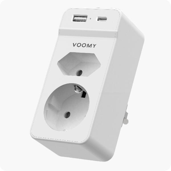 Voomy Split X2S - Verdeelstekker 1 USB-A 1 USB-C & 2 EU - Wit // Wit