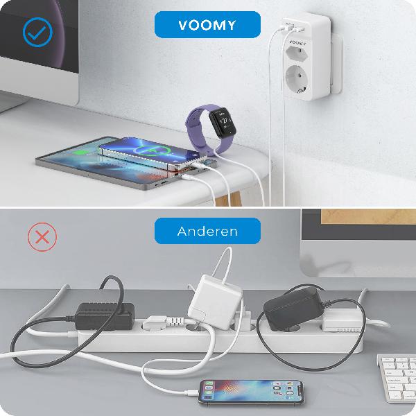 Voomy Split X2S - Verdeelstekker 1 USB-A 1 USB-C & 2 EU - Wit // Wit