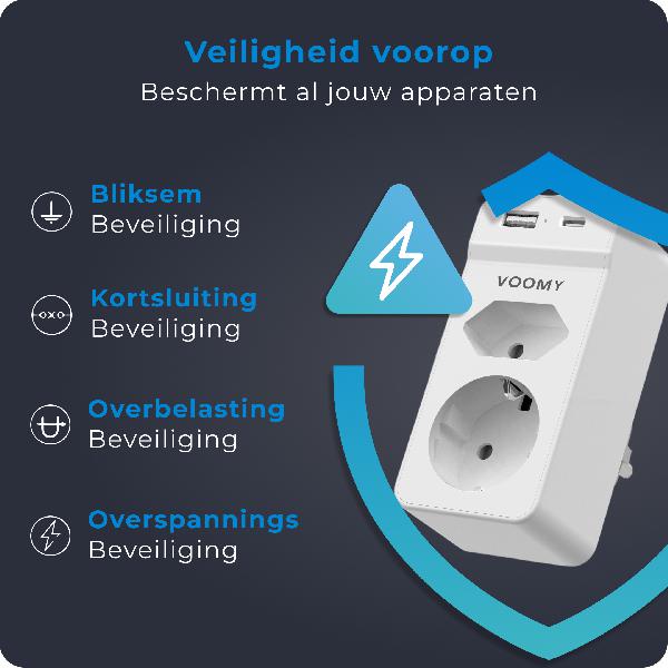 Voomy Split X2S - Verdeelstekker 1 USB-A 1 USB-C & 2 EU - Wit // Wit