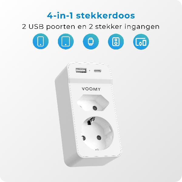 Voomy Split X2S - Verdeelstekker 1 USB-A 1 USB-C & 2 EU - Wit // Wit