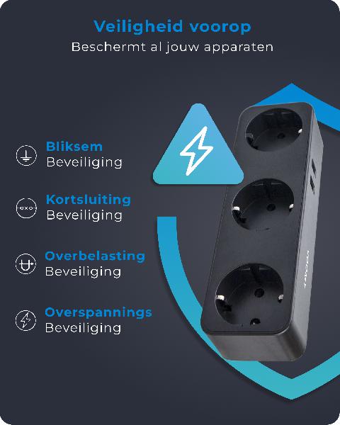 Voomy Split X3 - Verdeelstekker 2 USB-A & 3 EU - Zwart // Zwart