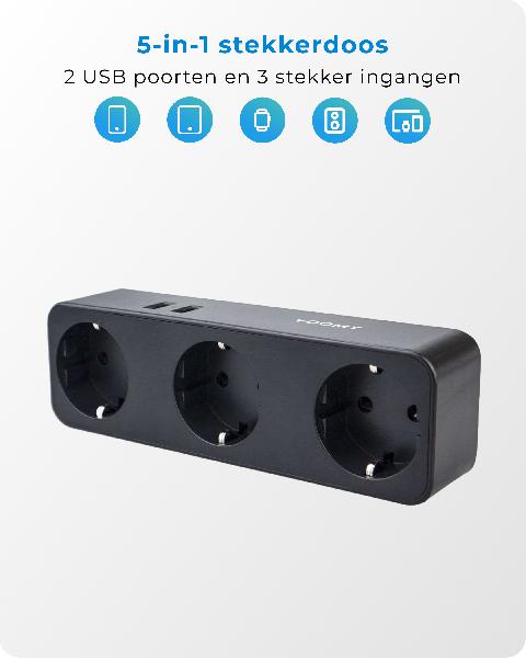 Voomy Split X3 - Verdeelstekker 2 USB-A & 3 EU - Zwart // Zwart