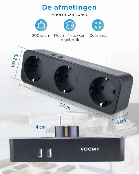 Voomy Split X3 - Verdeelstekker 2 USB-A & 3 EU - Zwart // Zwart