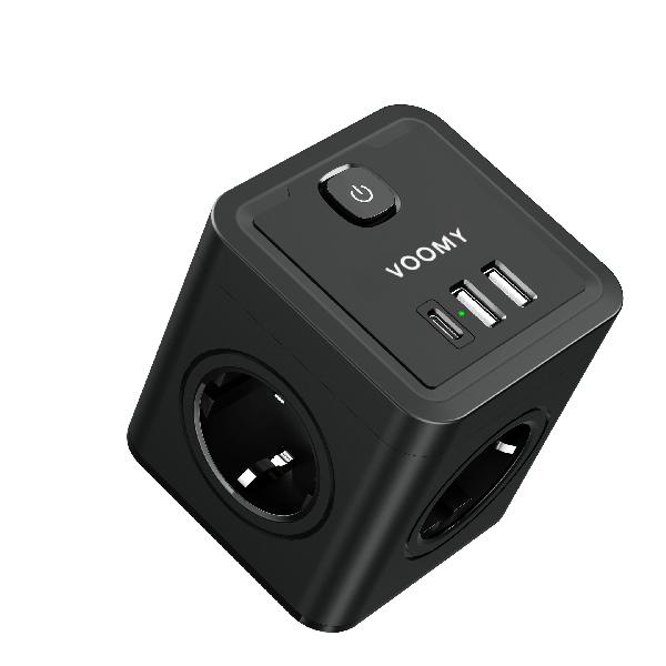 Voomy Split X4 2.0 - Verdeelstekker 2 USB-A, 1 USB-C & 4 EU - Zwart // Zwart