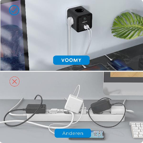 Voomy Split X4 2.0 - Verdeelstekker 2 USB-A, 1 USB-C & 4 EU - Zwart // Zwart