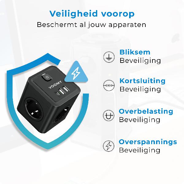 Voomy Split X4 2.0 - Verdeelstekker 2 USB-A, 1 USB-C & 4 EU - Zwart // Zwart