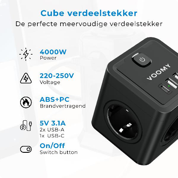 Voomy Split X4 2.0 - Verdeelstekker 2 USB-A, 1 USB-C & 4 EU - Zwart // Zwart
