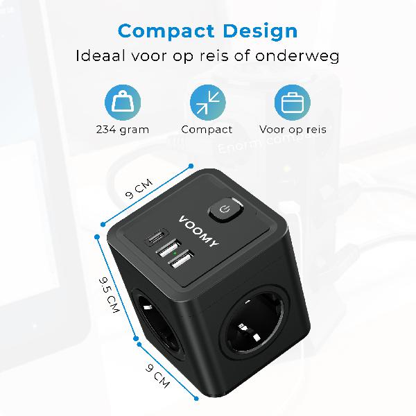Voomy Split X4 2.0 - Verdeelstekker 2 USB-A, 1 USB-C & 4 EU - Zwart // Zwart