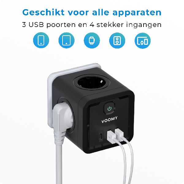 Voomy Split X4 2.0 - Verdeelstekker 2 USB-A, 1 USB-C & 4 EU - Zwart // Zwart
