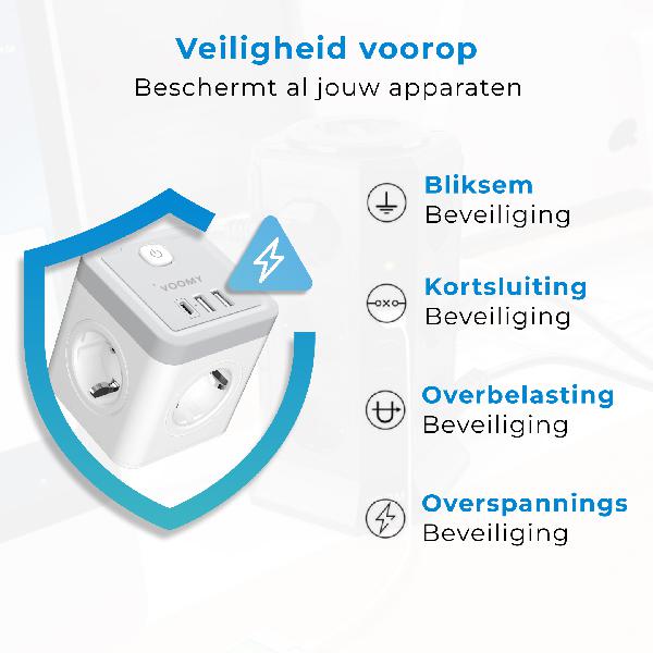 Voomy Split X4 2.0 - Verdeelstekker 2 USB-A, 1 USB-C & 4 EU - Wit // Wit