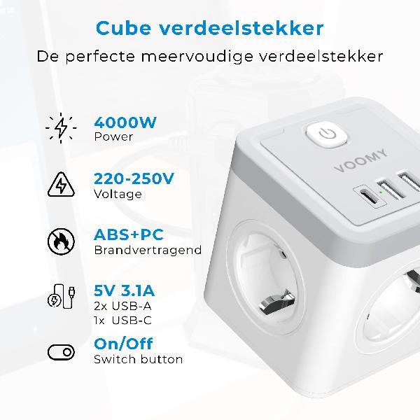 Voomy Split X4 2.0 - Verdeelstekker 2 USB-A, 1 USB-C & 4 EU - Wit // Wit