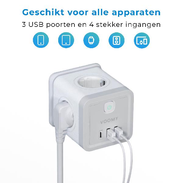 Voomy Split X4 2.0 - Verdeelstekker 2 USB-A, 1 USB-C & 4 EU - Wit // Wit