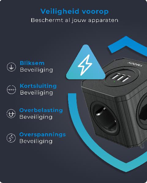 Voomy Split X4S Verdeelstekker 3 USB-A & 4 EU - Zwart // Zwart