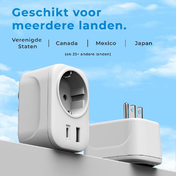 Voomy Travel Y3 - Reisstekker Amerika/USA - Wereldstekker Type B - USB-C & USB-A - Wit // Wit