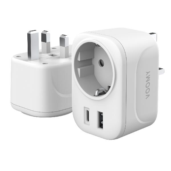 Voomy Travel Y4 - Reisstekker Engeland/UK - Wereldstekker Type G - USB-C & USB-A - Wit // Wit