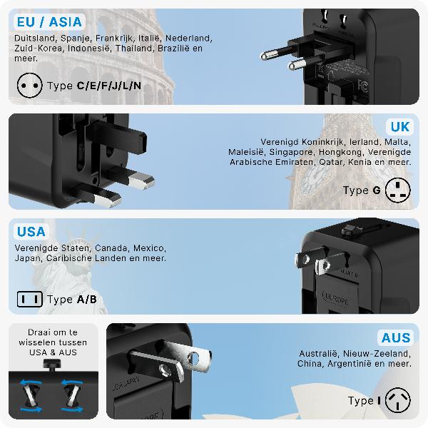 Voomy Travel Y10 - Reisstekker Wereld - 150+ Landen - 2 USB Poorten - Wereldstekker - Zwart // Zwart