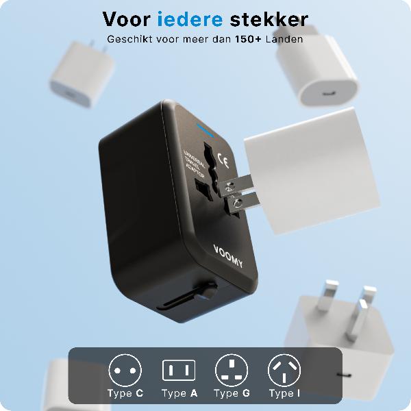 Voomy Travel Y10 - Reisstekker Wereld - 150+ Landen - 2 USB Poorten - Wereldstekker - Zwart // Zwart