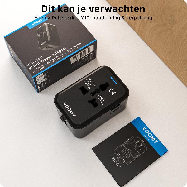 Voomy Travel Y10 - Reisstekker Wereld - 150+ Landen - 2 USB Poorten - Wereldstekker - Zwart // Zwart