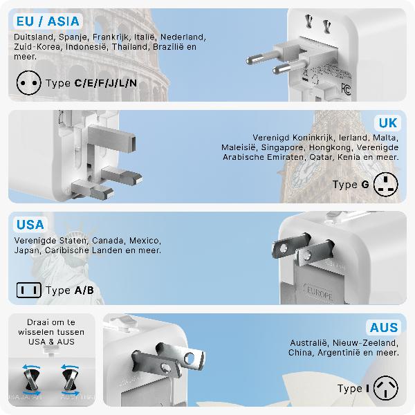 Voomy Travel Y11 - 20W - Reisstekker Wereld - 150+ Landen - 2 USB Poorten - Wereldstekker - Wit // Wit