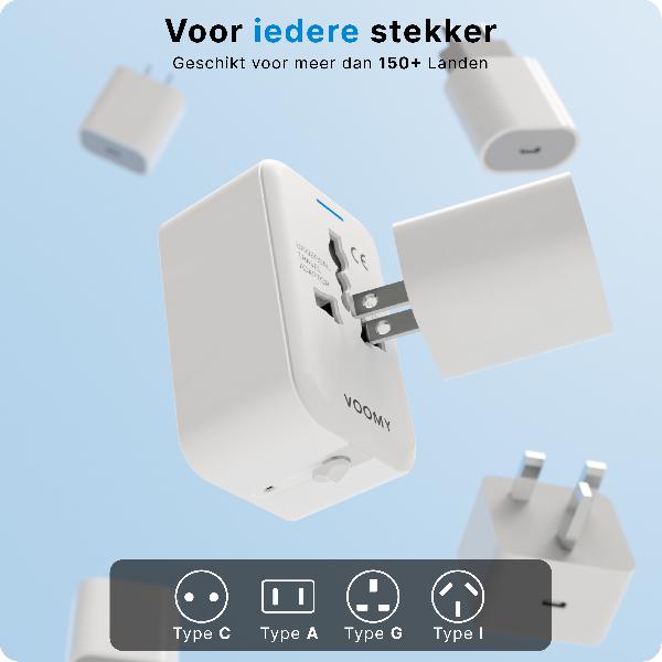 Voomy Travel Y11 - 20W - Reisstekker Wereld - 150+ Landen - 2 USB Poorten - Wereldstekker - Wit // Wit