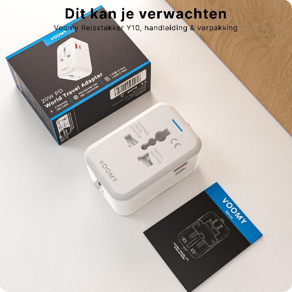 Voomy Travel Y11 - 20W - Reisstekker Wereld - 150+ Landen - 2 USB Poorten - Wereldstekker - Wit // Wit