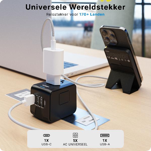 Voomy Travel Y20 - Reisstekker Wereld - 170+ Landen - 4 USB Poorten - Wereldstekker Universeel - Zwart // Zwart