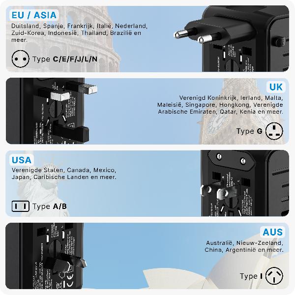 Voomy Travel Y20 - Reisstekker Wereld - 170+ Landen - 4 USB Poorten - Wereldstekker Universeel - Zwart // Zwart